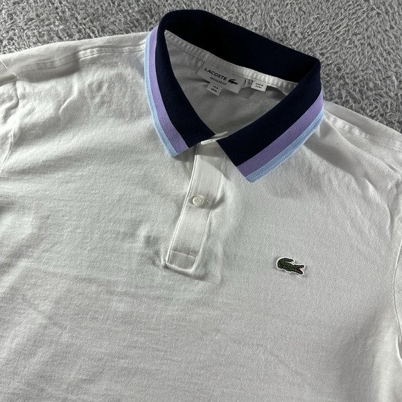 Lacoste Polo Shirt Mens XL White Regular Fit Contrast Colors Purple Blue Collar - Picture 1 of 9